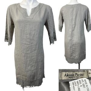 Alessia Pacini dress Small 100% linen‎ 3/4 sleeve shift dress knee length taupe